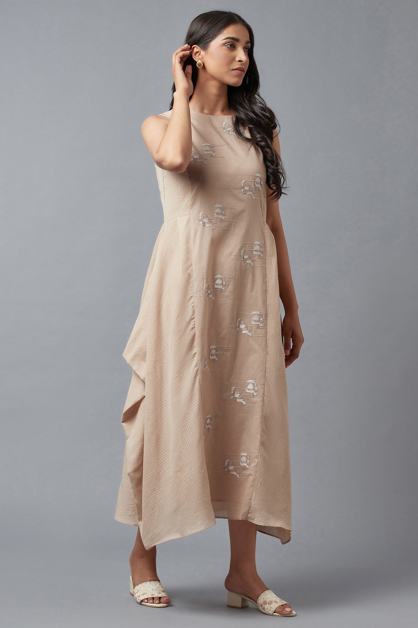 Beige Embroidered Cowl Dress In Round Neck