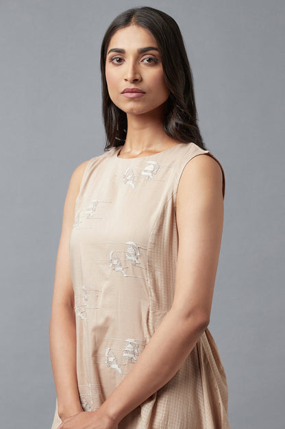 Beige Embroidered Cowl Dress In Round Neck