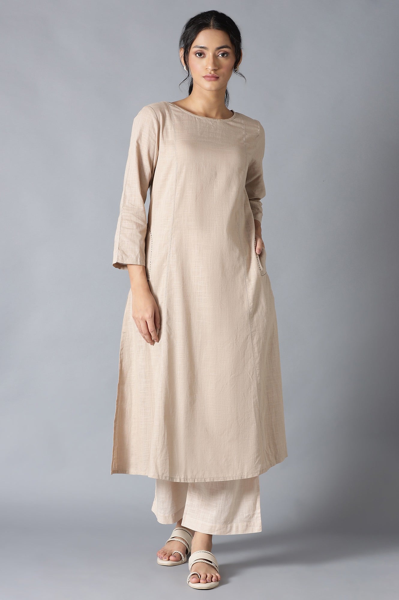 Beige Classic A-Line kurta With Kantha In Round Neck