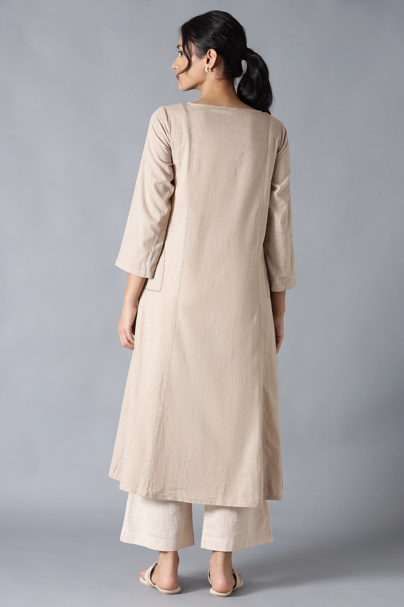 Beige Classic A-Line kurta With Kantha In Round Neck