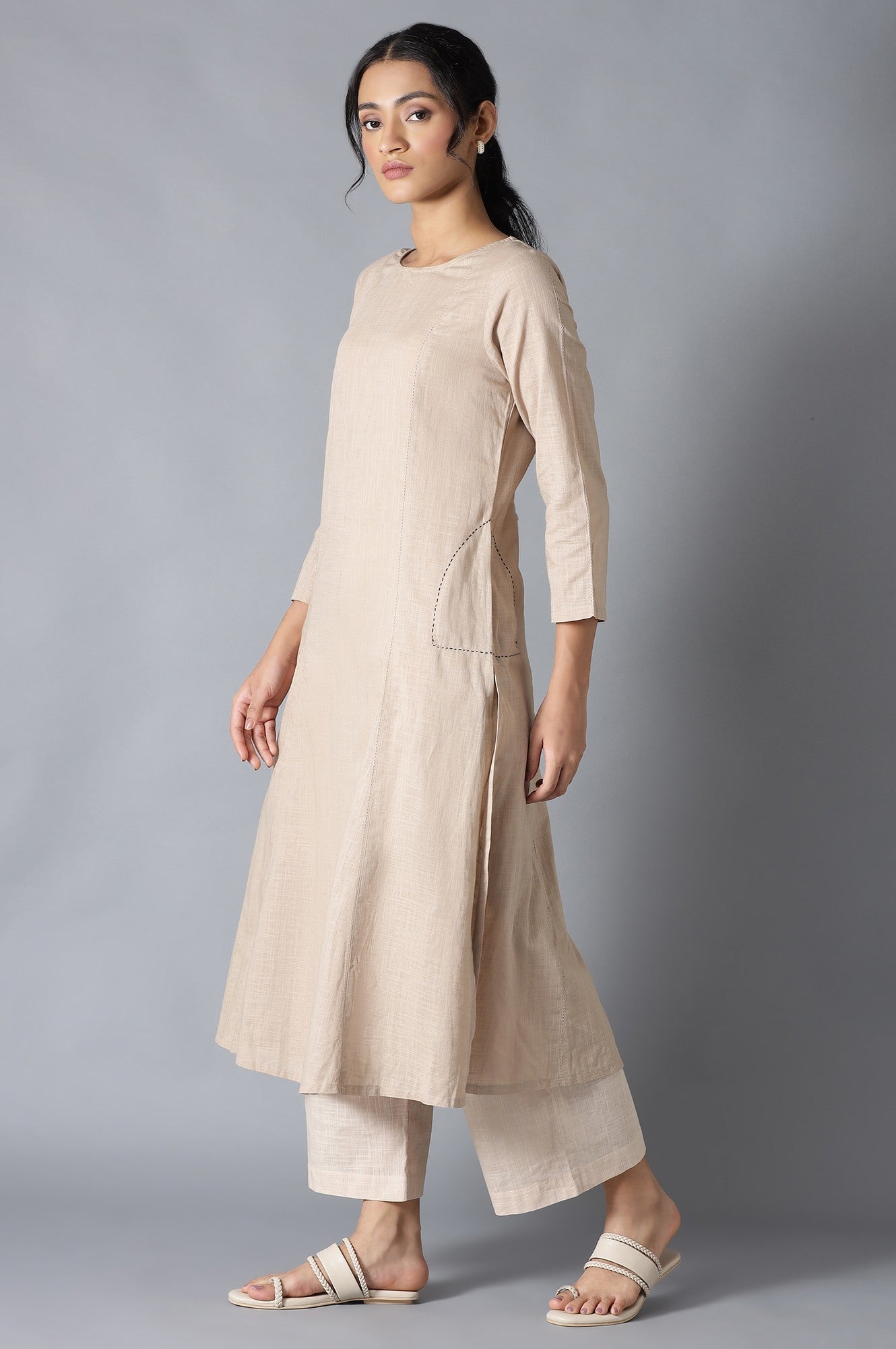 Beige Classic A-Line kurta With Kantha In Round Neck