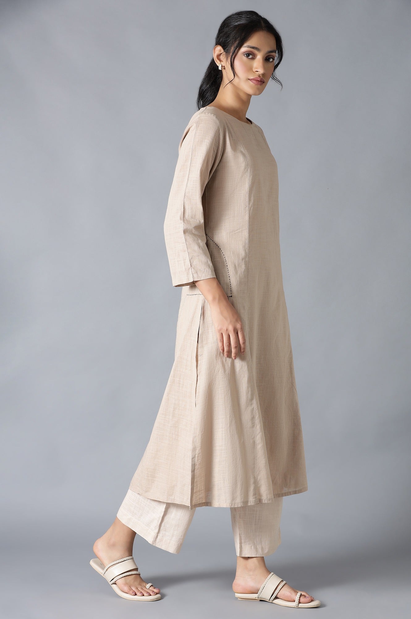 Beige Classic A-Line kurta With Kantha In Round Neck