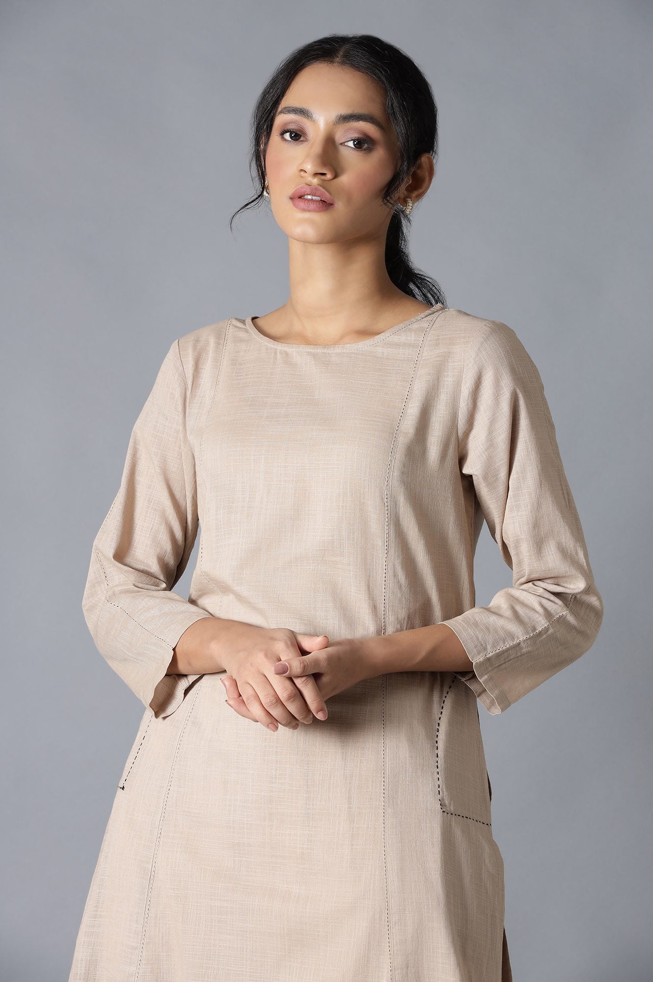 Beige Classic A-Line kurta With Kantha In Round Neck