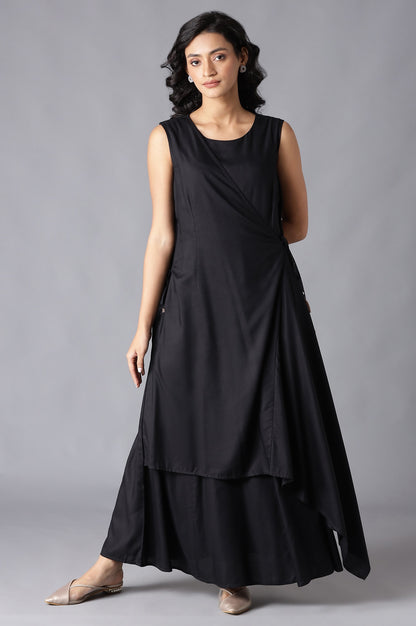 Black Angrakha Maxi Dress In Round Neck