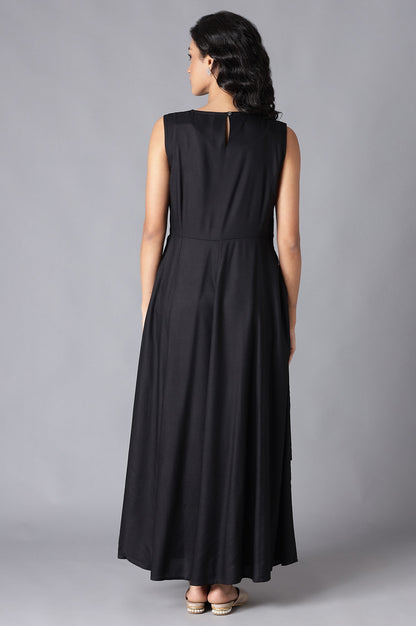 Black Angrakha Maxi Dress In Round Neck