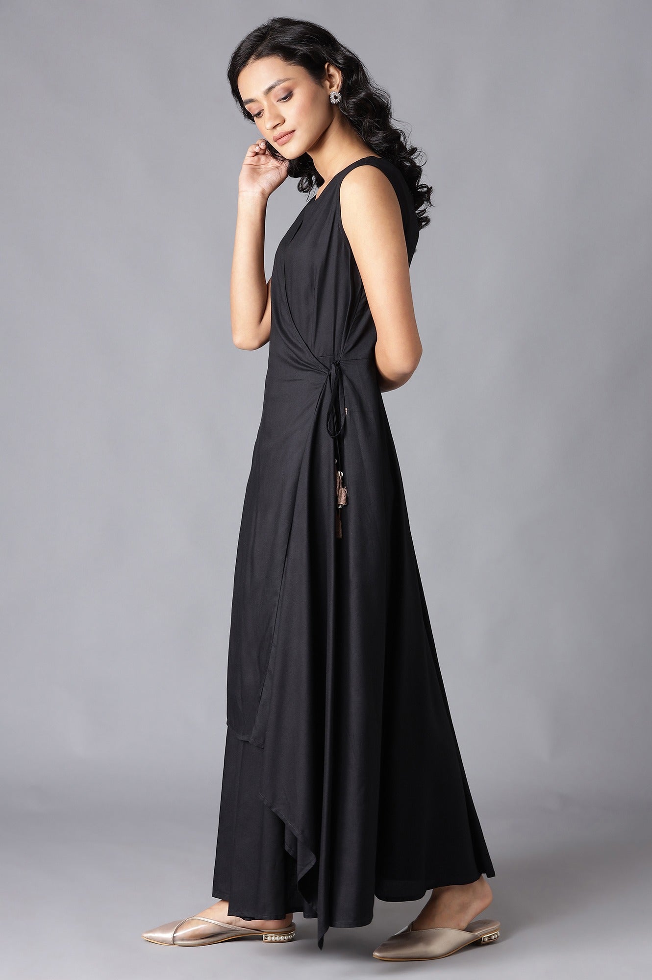 Black Angrakha Maxi Dress In Round Neck