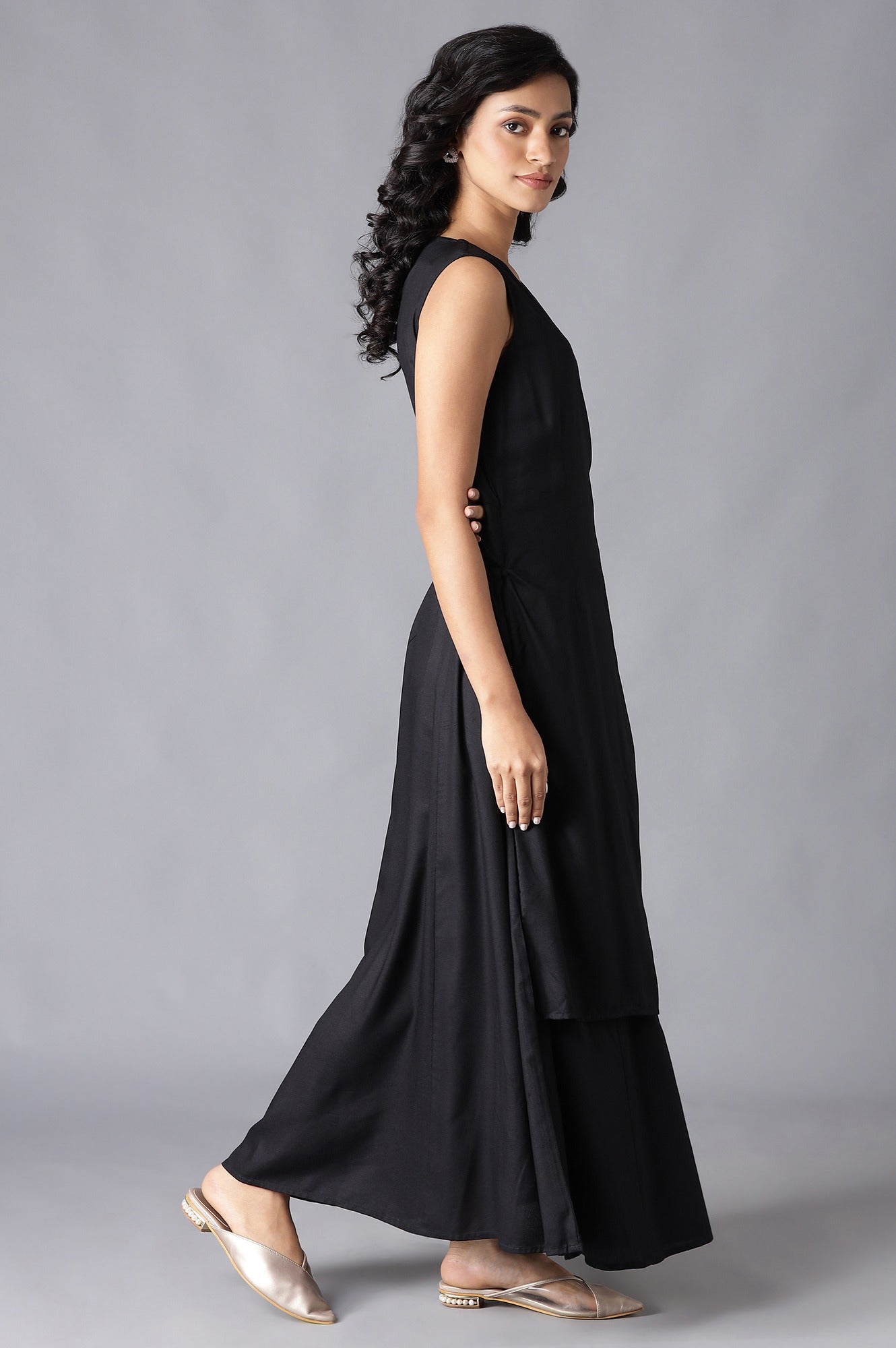 Black Angrakha Maxi Dress In Round Neck