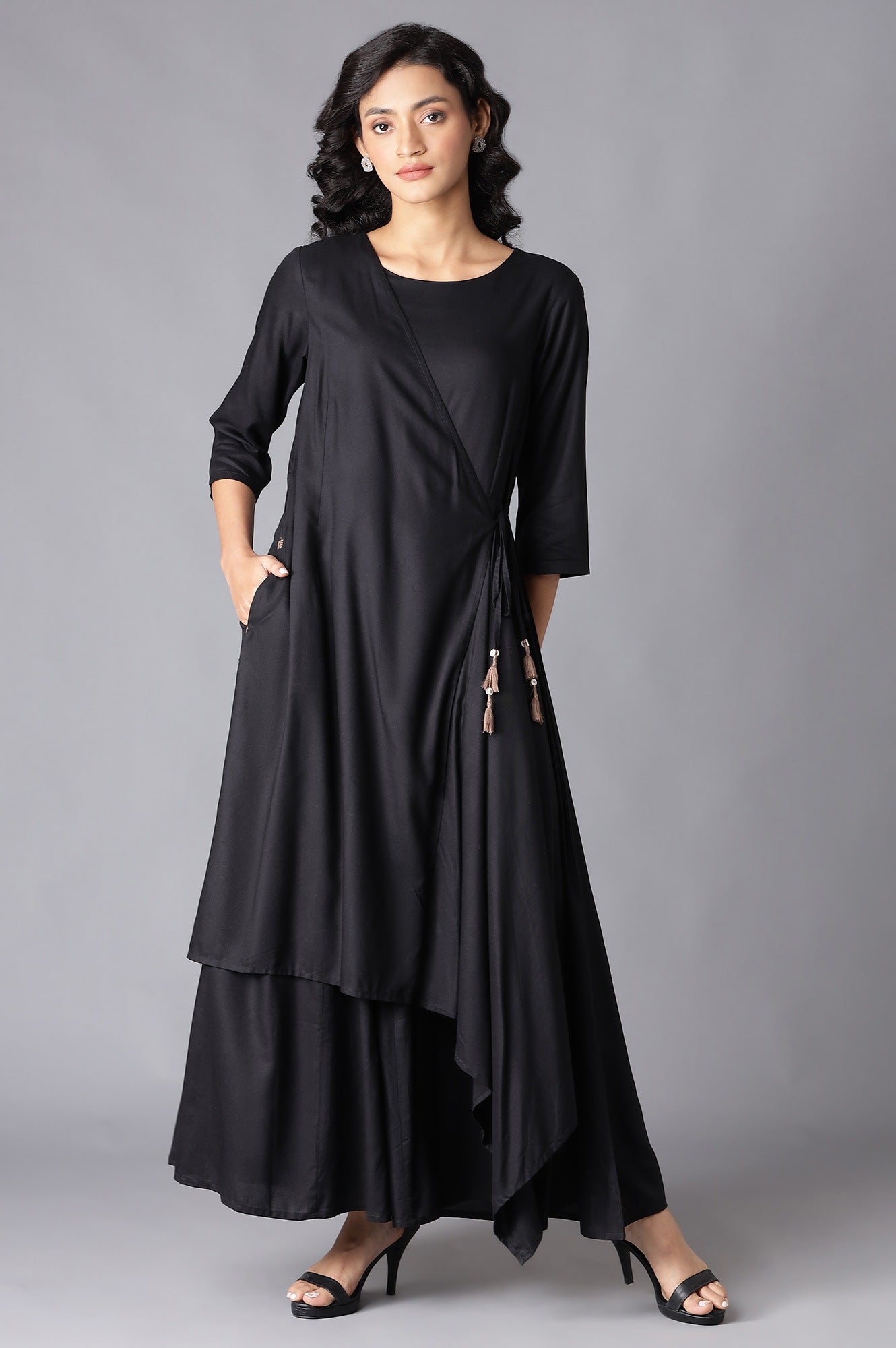 Black Angrakha Maxi Dress In Round Neck