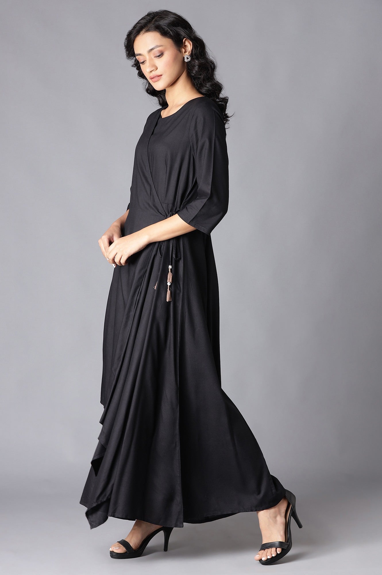 Black Angrakha Maxi Dress In Round Neck