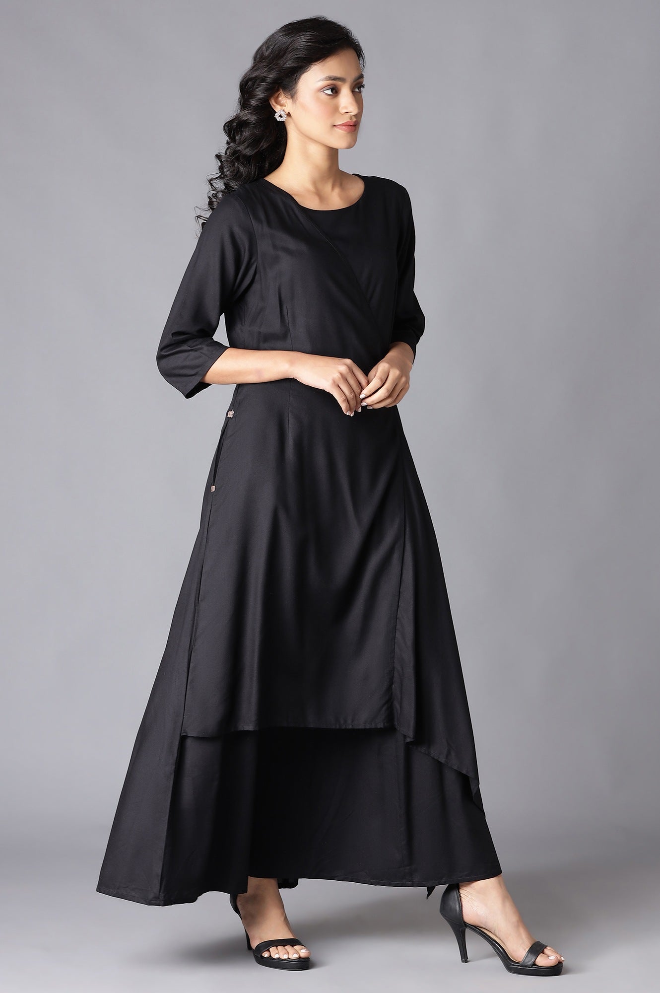 Black Angrakha Maxi Dress In Round Neck