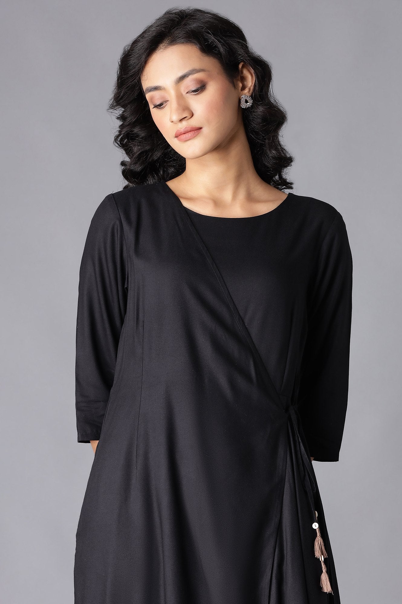 Black Angrakha Maxi Dress In Round Neck