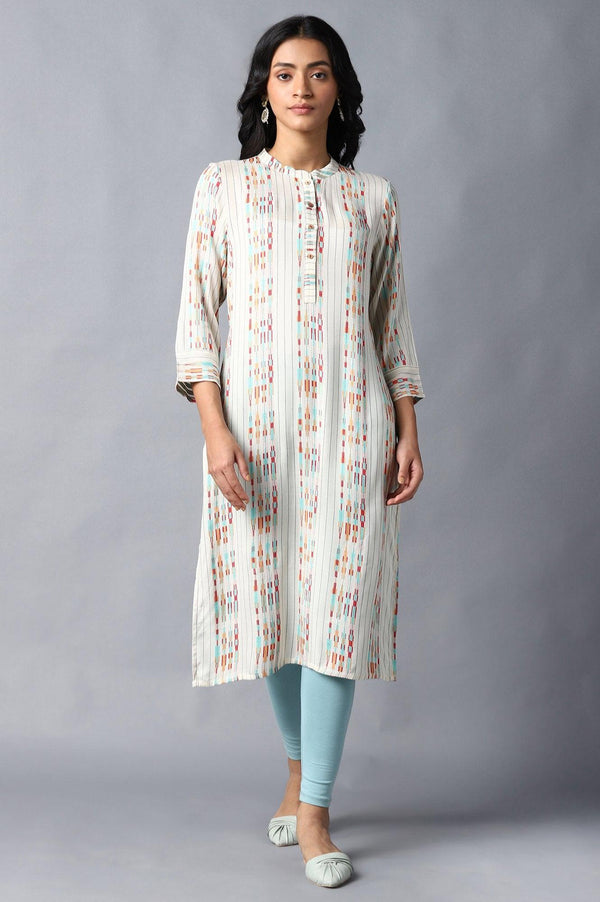 Ecru Dobby kurta With Multicolour Print