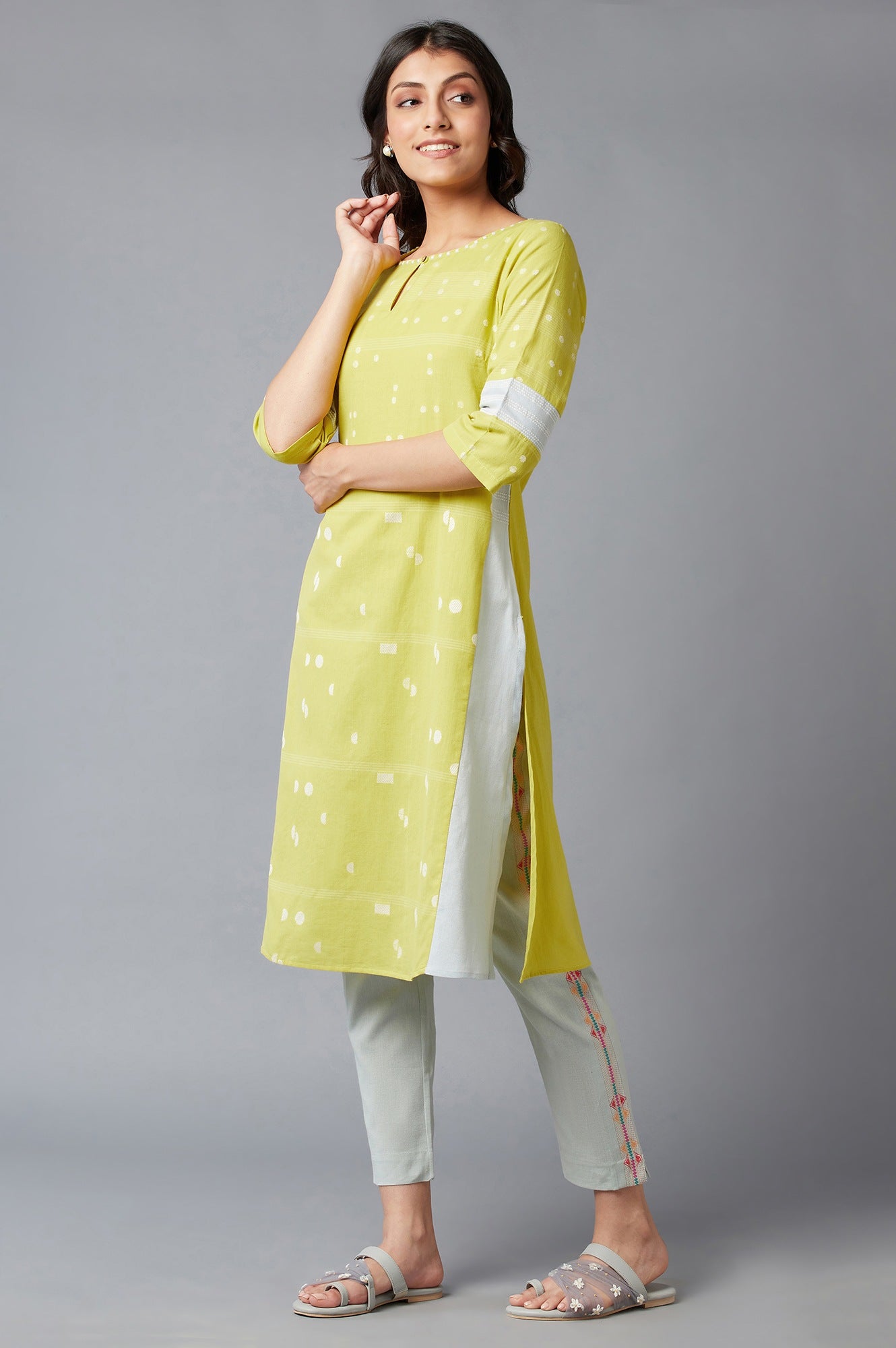 Light Yellow Cotton Dobby Kurta With Embroidery Detail