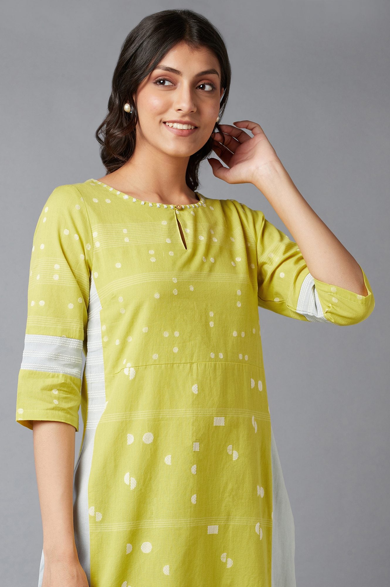 Light Yellow Cotton Dobby Kurta With Embroidery Detail