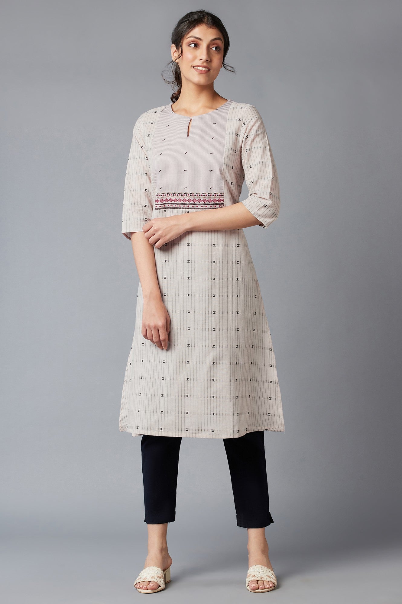 Beige Cotton Dobby kurta With Embroidered Yoke