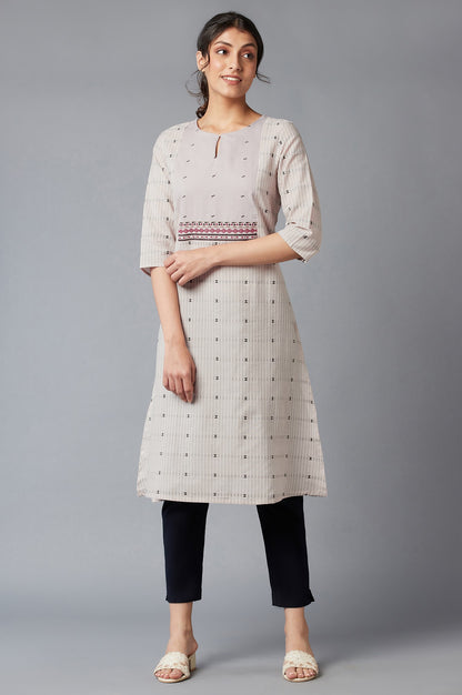 Beige Cotton Dobby kurta With Embroidered Yoke