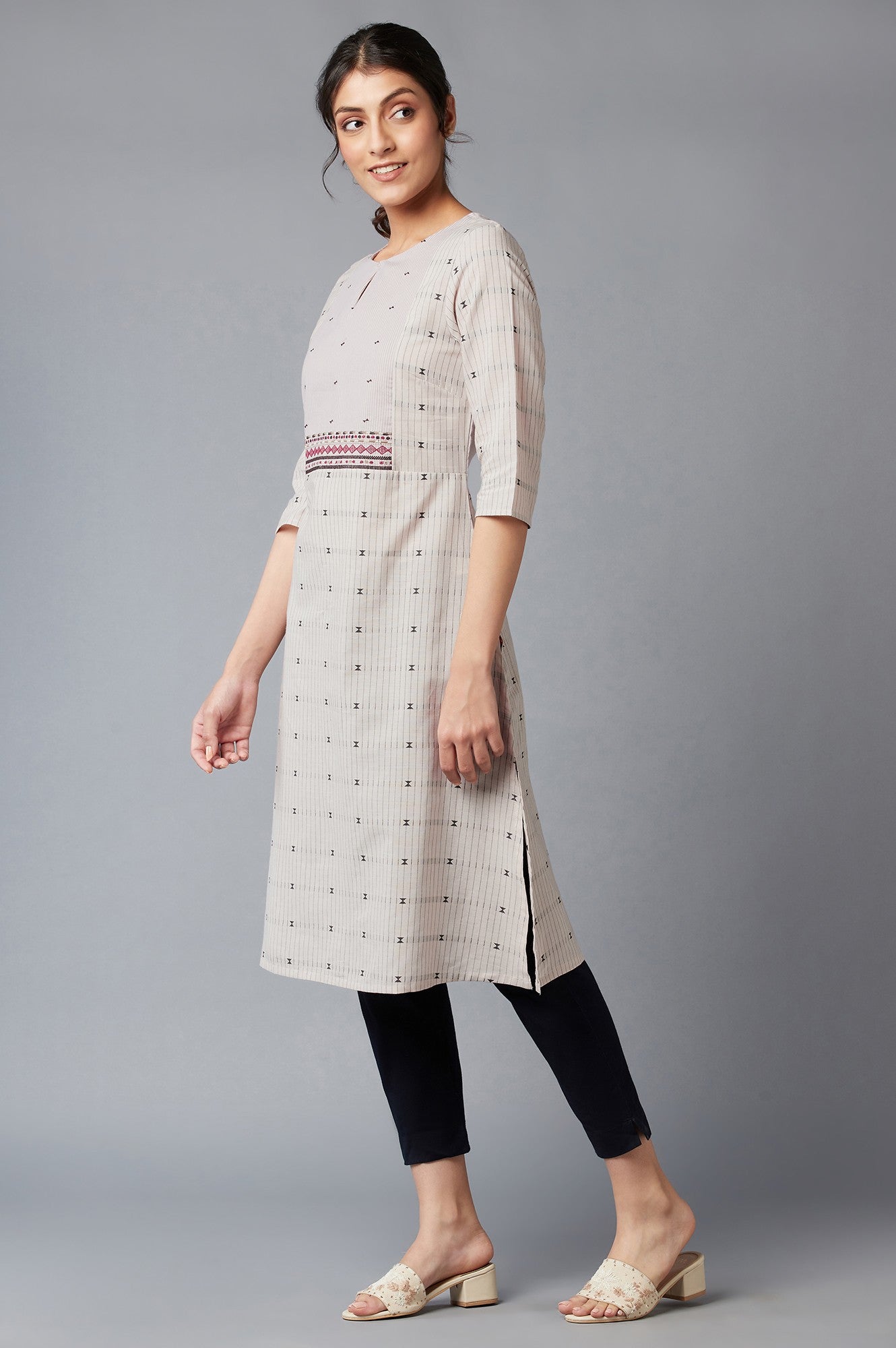 Beige Cotton Dobby kurta With Embroidered Yoke