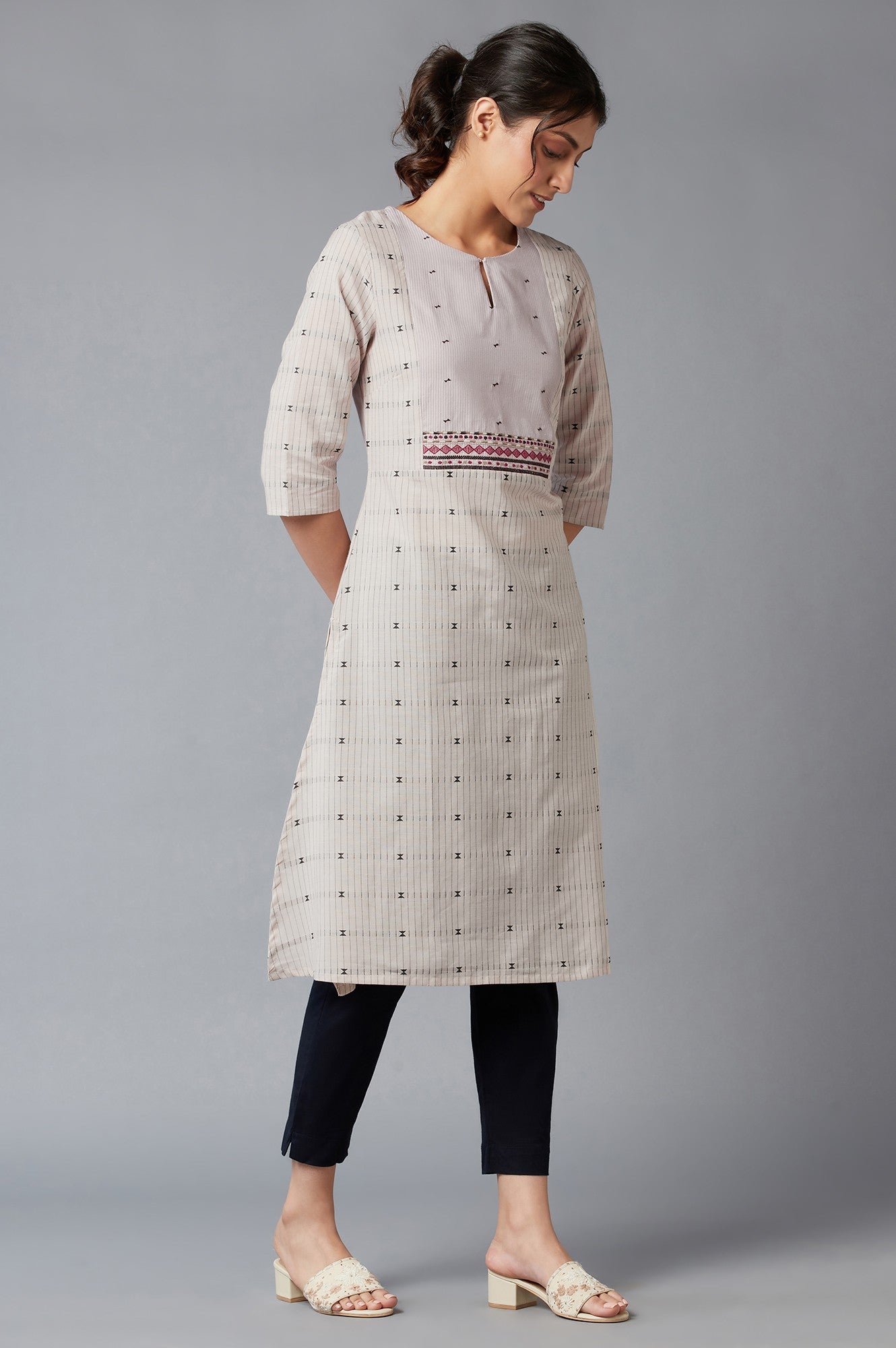 Beige Cotton Dobby kurta With Embroidered Yoke