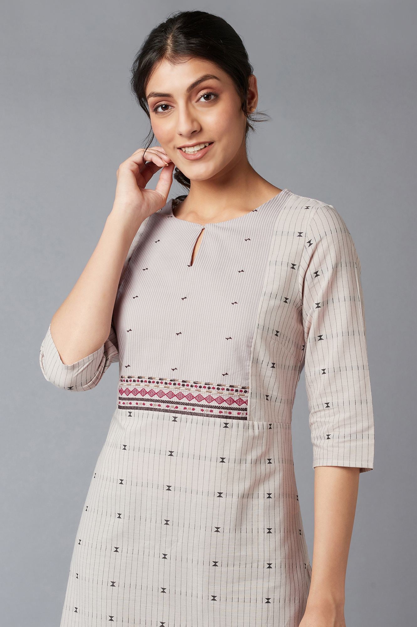 Beige Cotton Dobby kurta With Embroidered Yoke