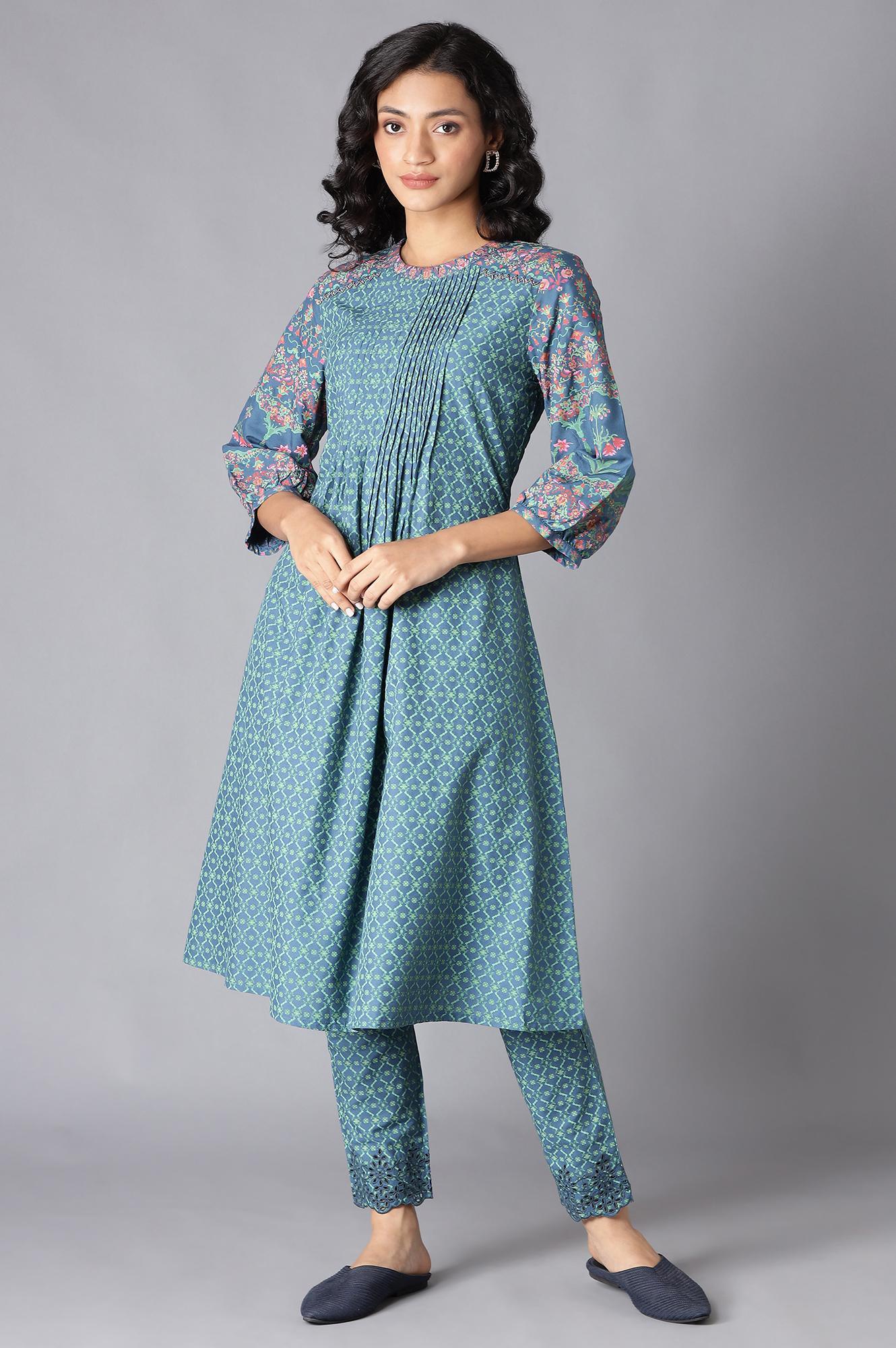 Deep Teal Floral Pleated kurta In Round Neck - wforwoman