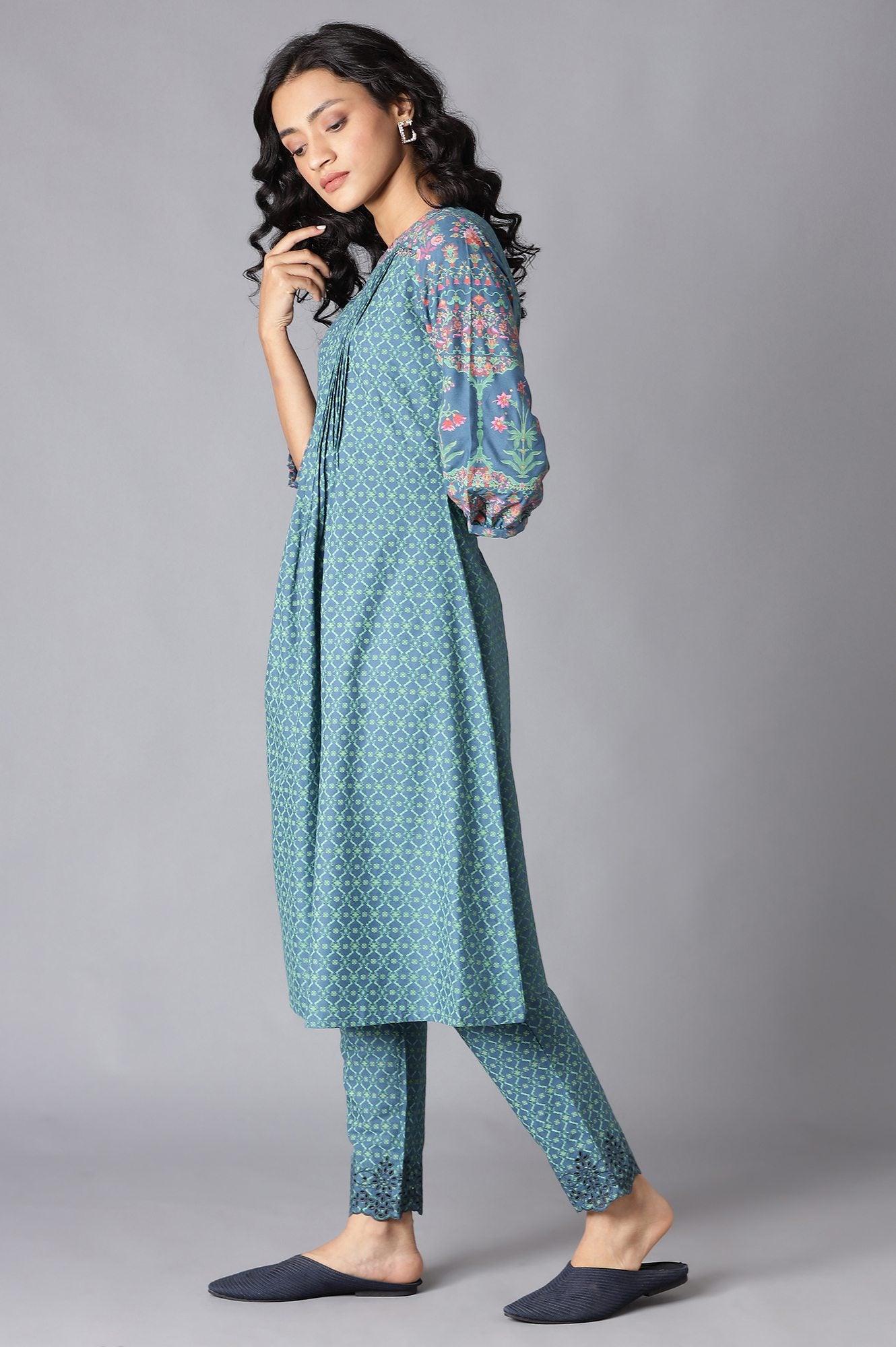 Deep Teal Floral Pleated kurta In Round Neck - wforwoman