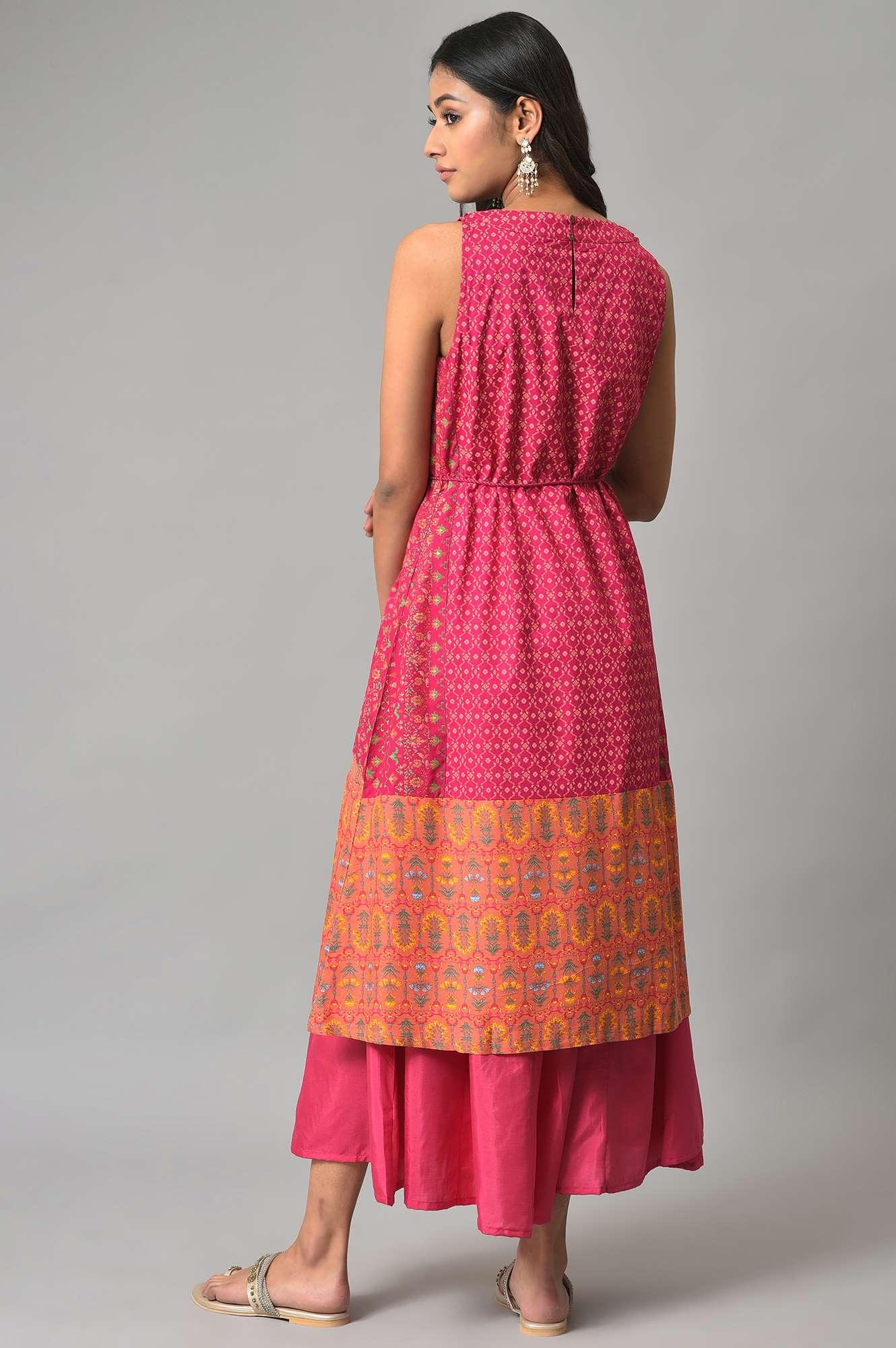 Dark Pink Sleeveless A-Line Dress With Embroidery - wforwoman