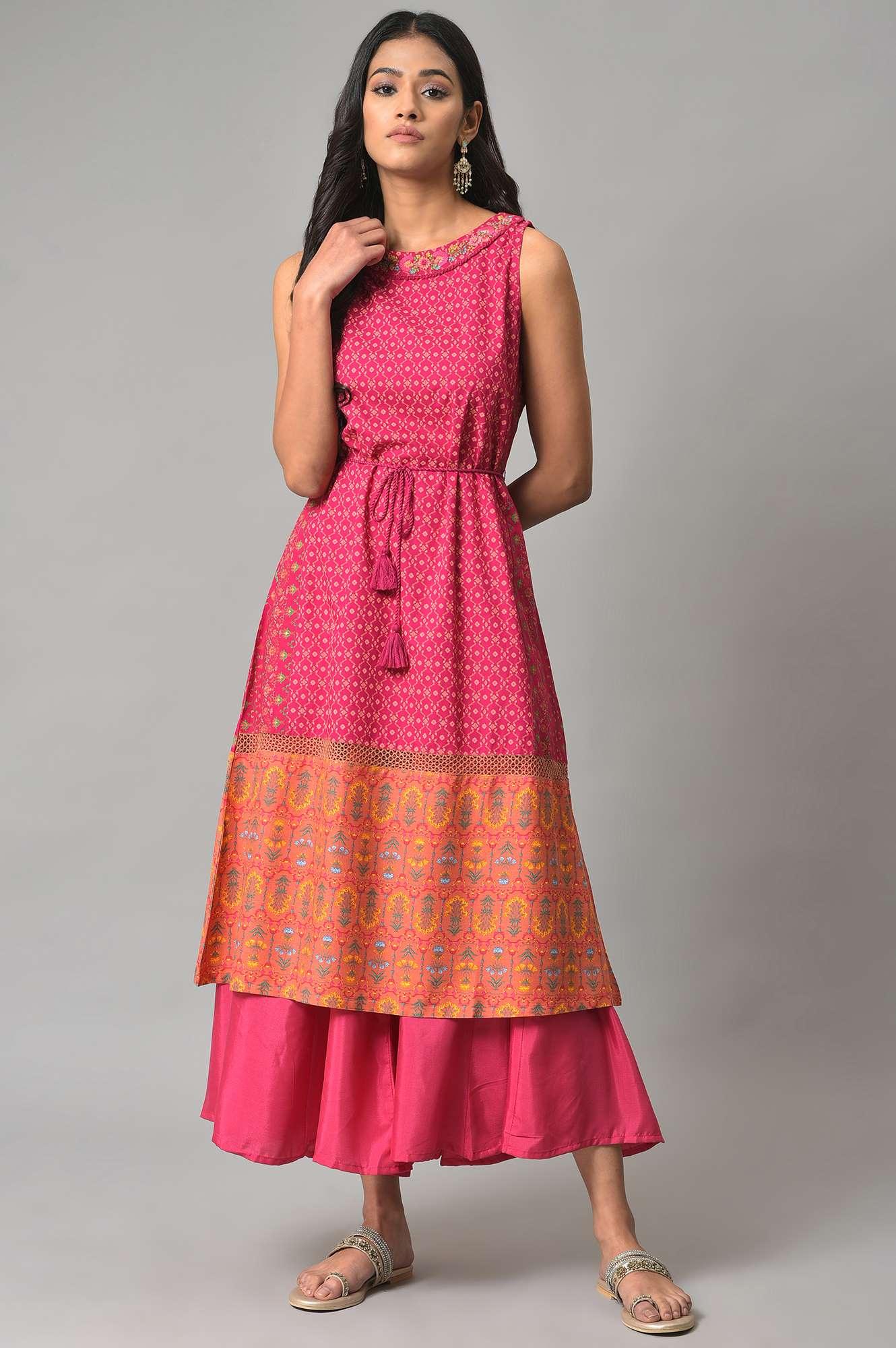 Dark Pink Sleeveless A-Line Dress With Embroidery - wforwoman