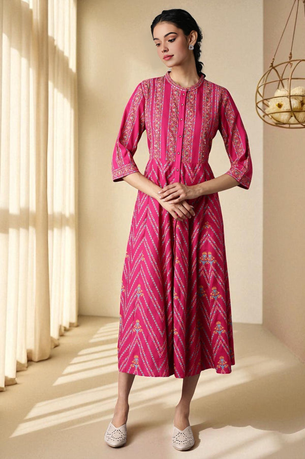 Dark Pink Glitter Floral Printed Rayon Ethnic Shirt Dress