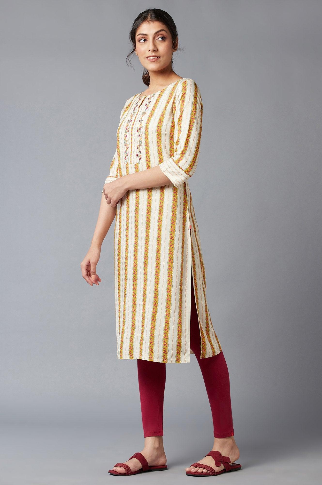 Ecru And Yellow Floral Print kurta With Thread Embroidery - wforwoman