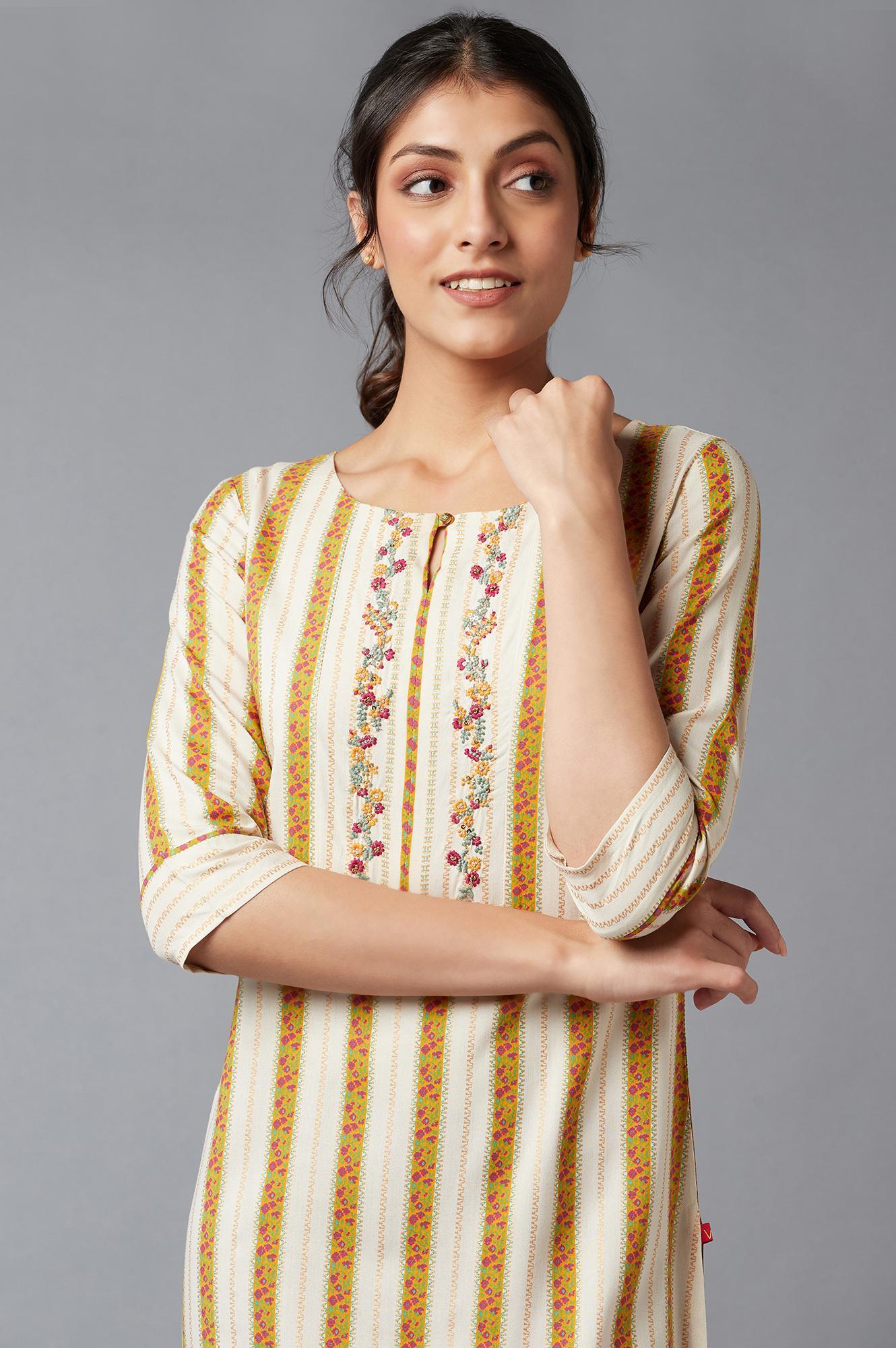 Ecru And Yellow Floral Print kurta With Thread Embroidery - wforwoman
