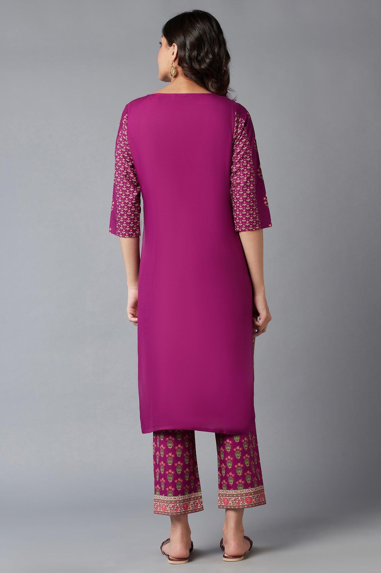 Dark Purple Floral Print kurta With Thread Embroidery - wforwoman