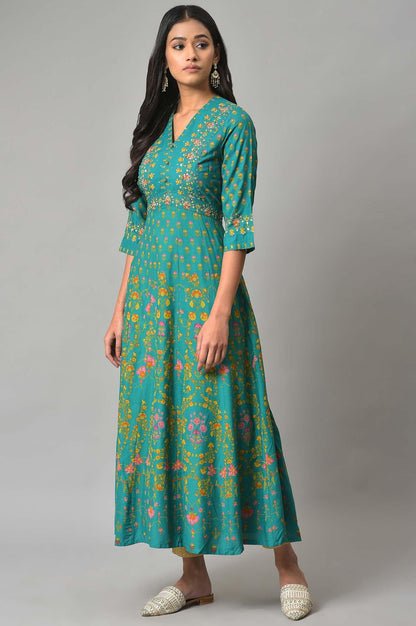 Dark Green Flared Dress With Floral Print And Sequins - wforwoman