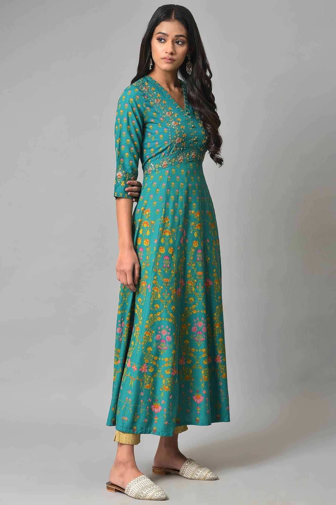 Dark Green Flared Dress With Floral Print And Sequins - wforwoman