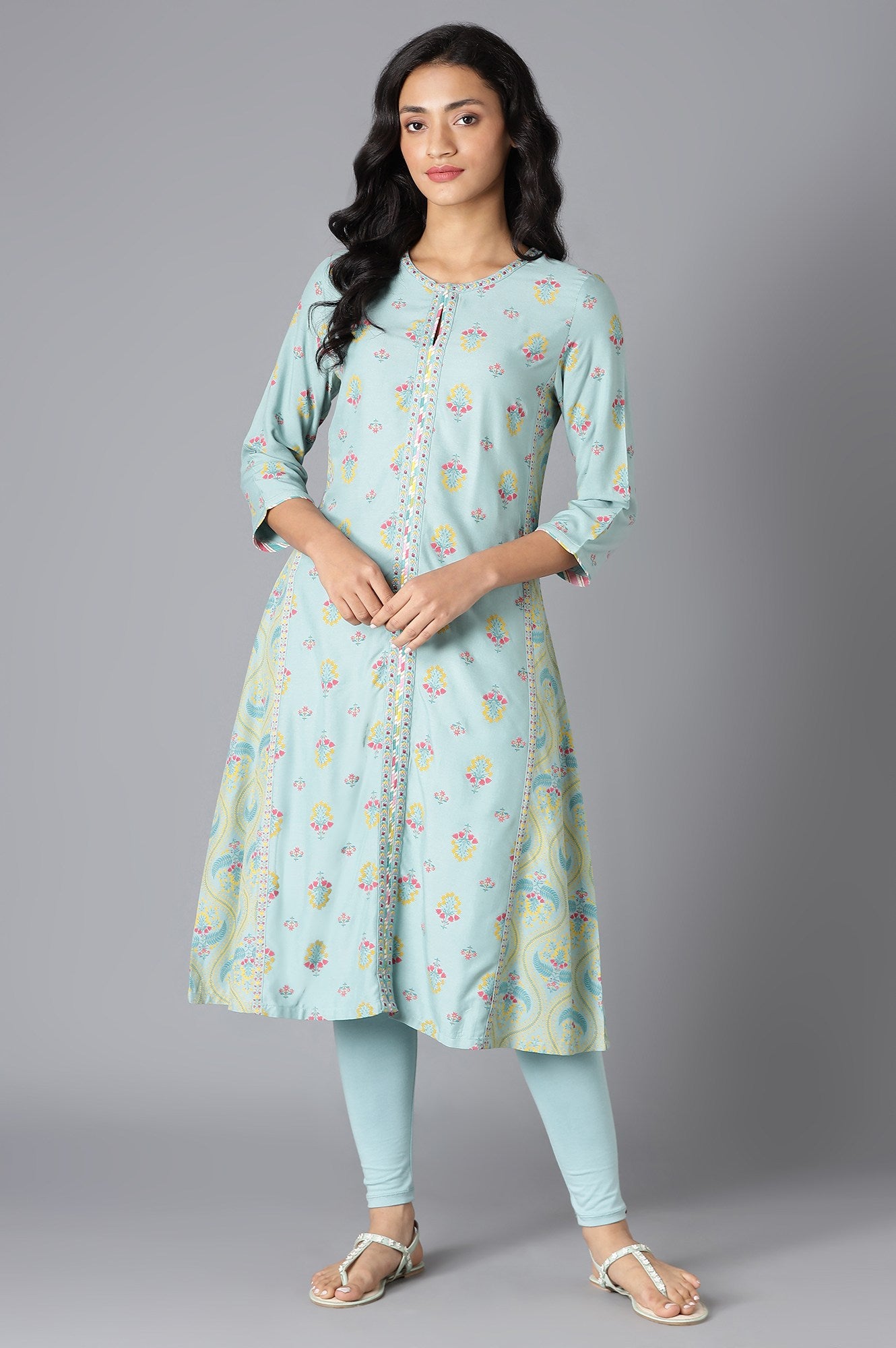 Aqua Blue Printed A-Line kurta With Thread Embroidery