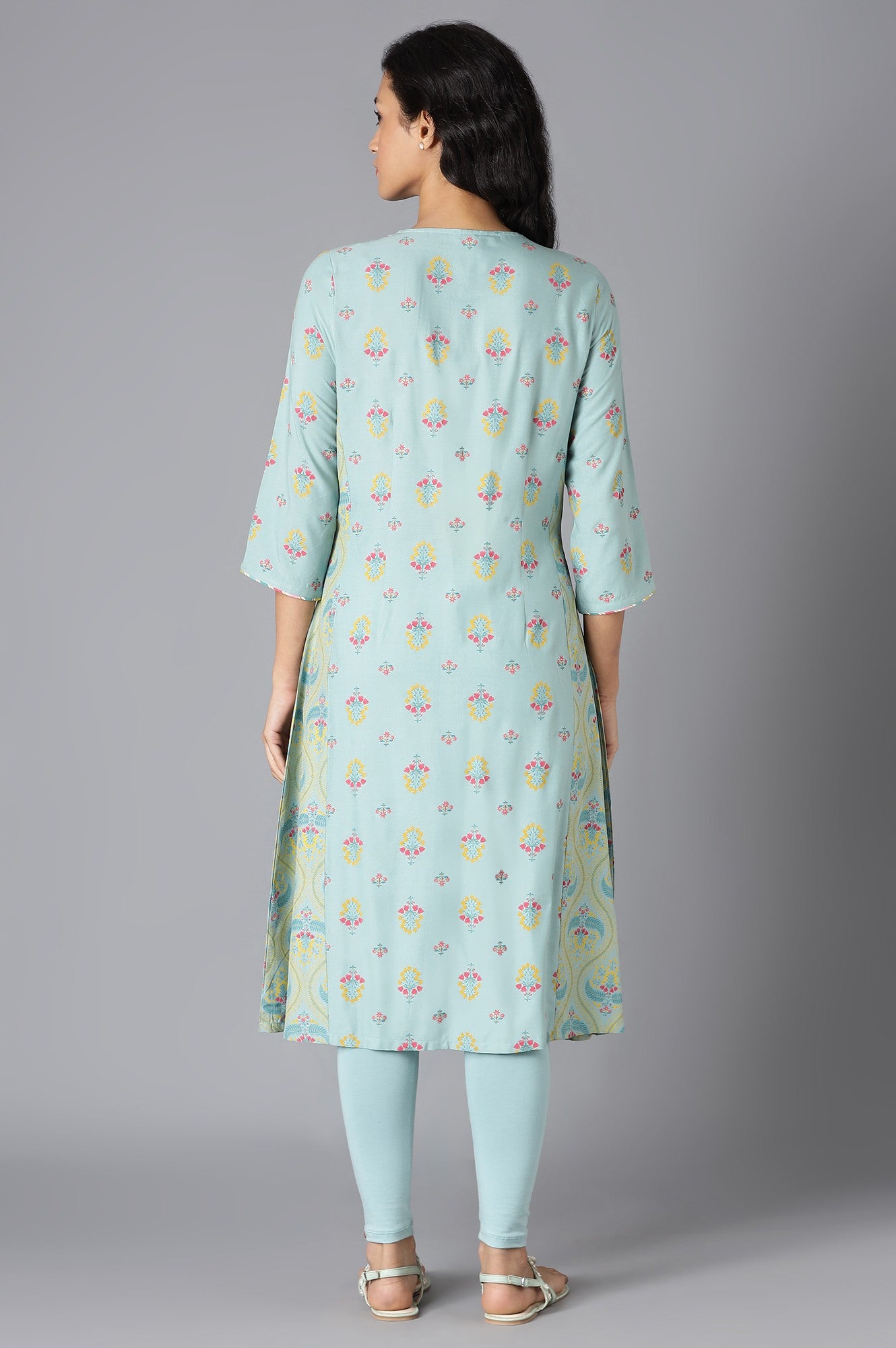 Aqua Blue Printed A-Line kurta With Thread Embroidery