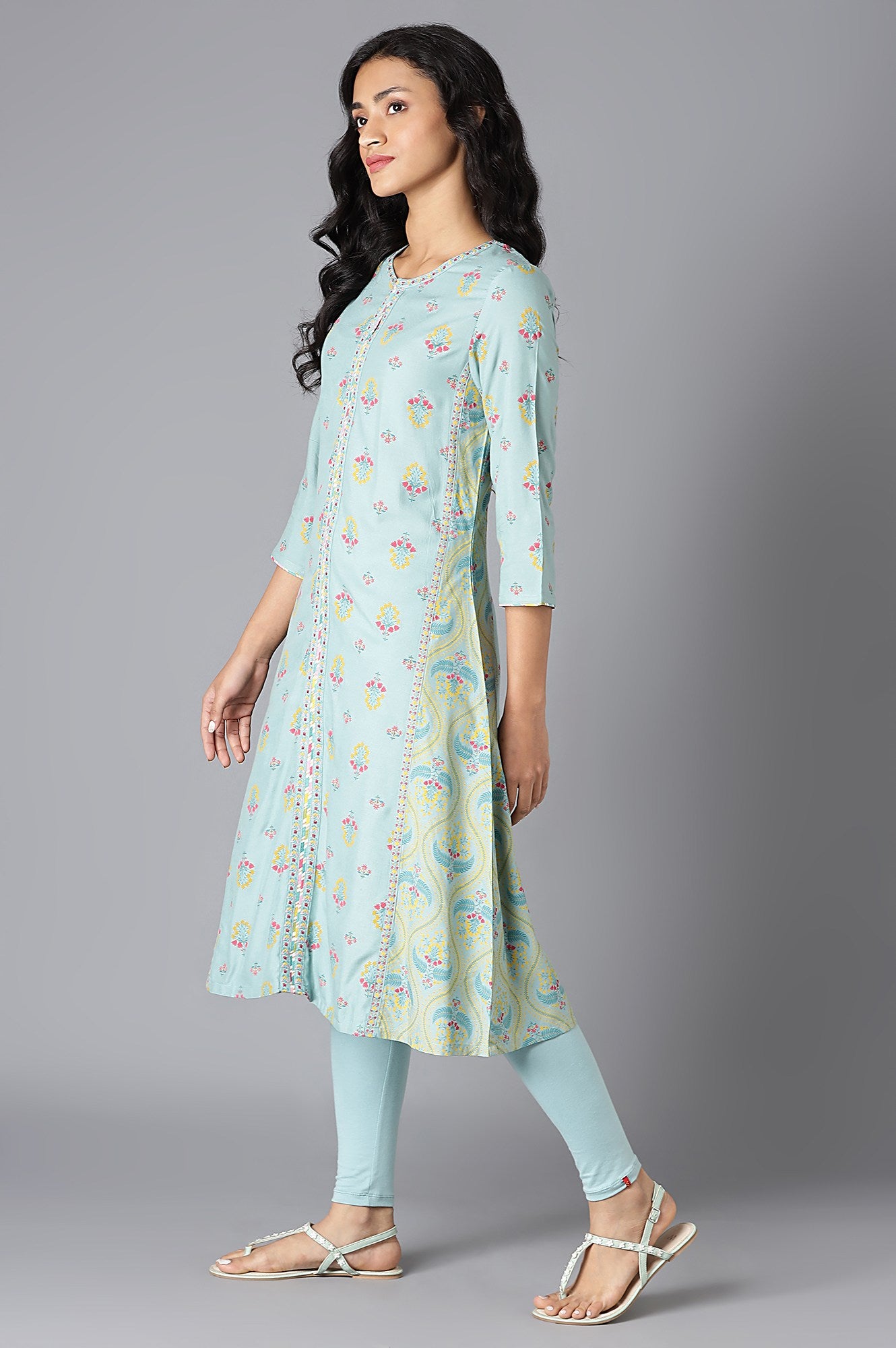 Aqua Blue Printed A-Line kurta With Thread Embroidery