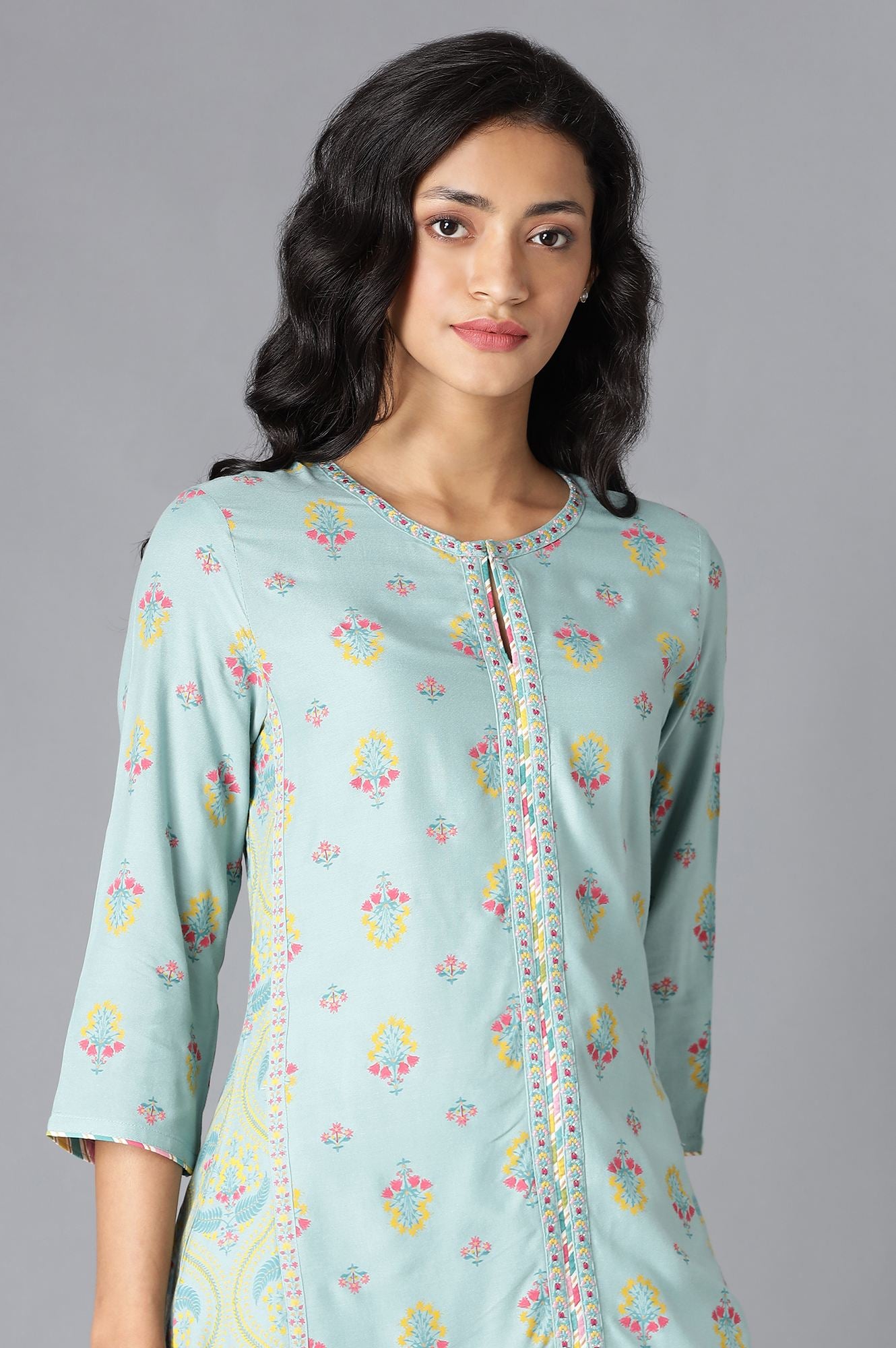 Aqua Blue Printed A-Line kurta With Thread Embroidery