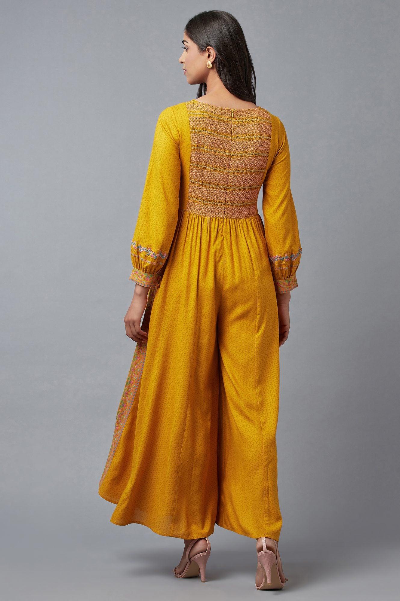 Mustard Yellow Smocked Yoke Jumpsuit With Embroidery - wforwoman