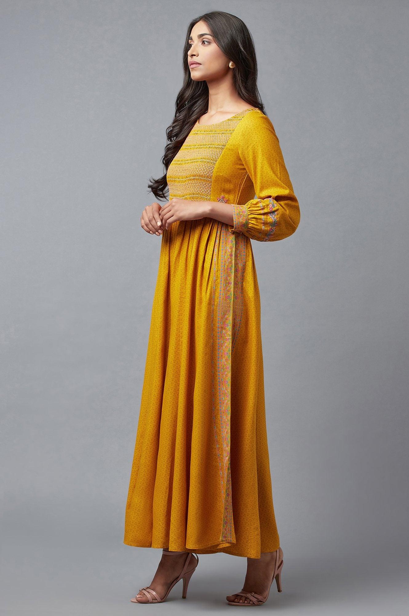 Mustard Yellow Smocked Yoke Jumpsuit With Embroidery - wforwoman