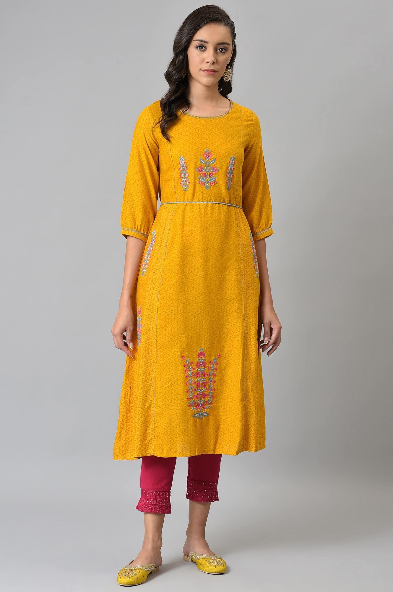 Mustard Yellow A-Line Printed kurta With Embroidery - wforwoman