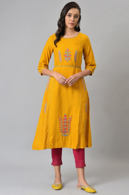 Mustard Yellow A-Line Printed kurta With Embroidery - wforwoman