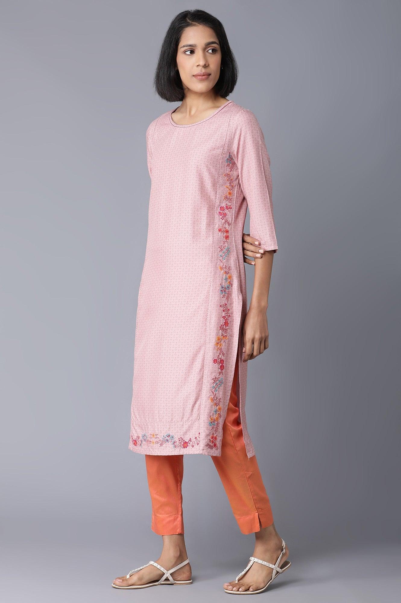 Light Pink Floral Print kurta With Thread Embroidery - wforwoman
