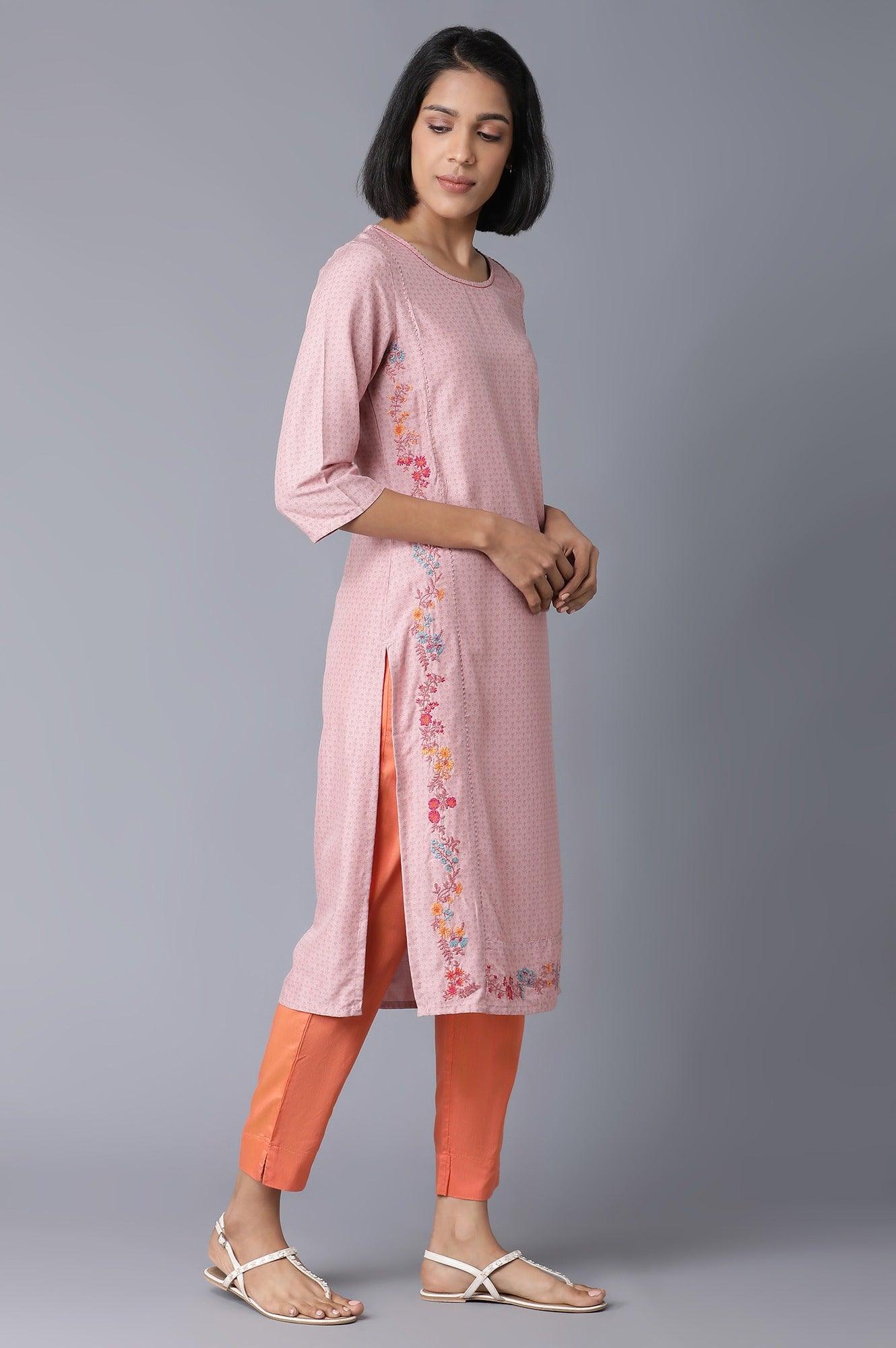 Light Pink Floral Print kurta With Thread Embroidery - wforwoman