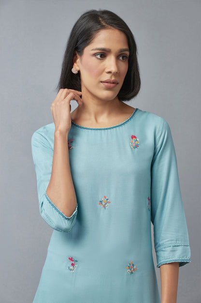 Aqua Blue Embroidered kurta with Lace Details