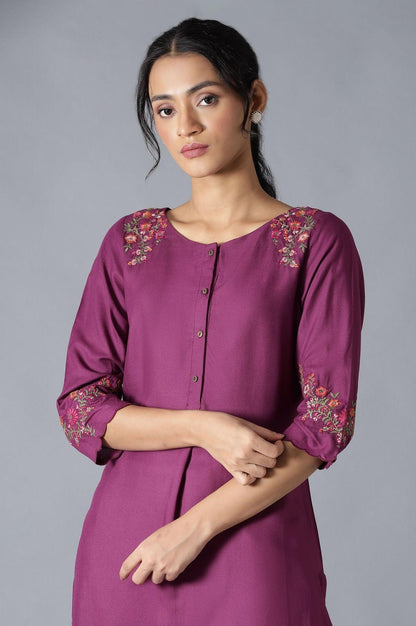 Dark Purple Solid kurta With Embroidery - wforwoman