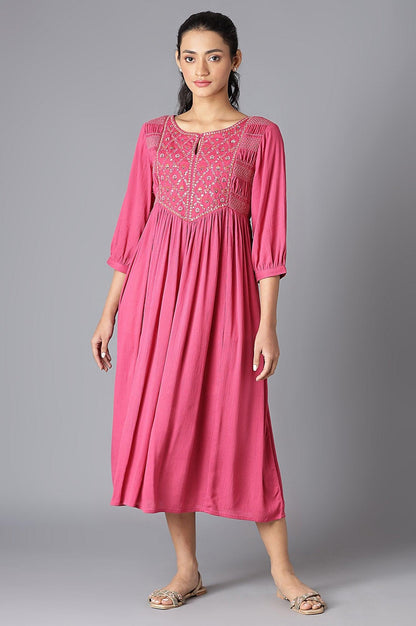 Dark Pink Flared Dress With Thread Embroidery - wforwoman
