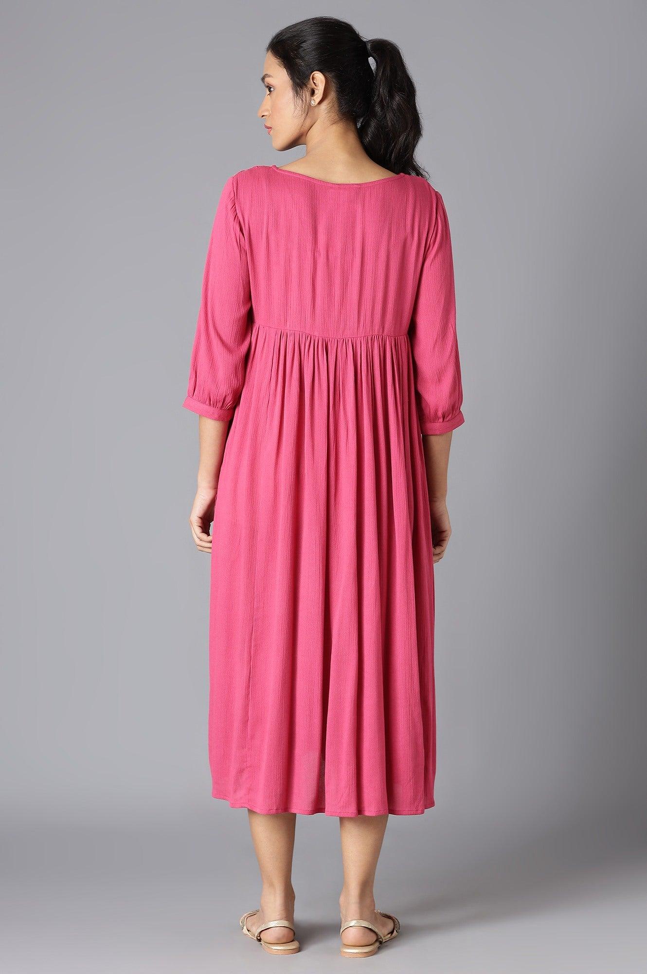 Dark Pink Flared Dress With Thread Embroidery - wforwoman
