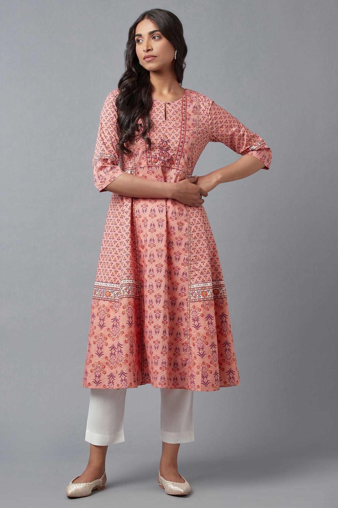 Pink Printed A-Line kurta With Thread Embroidery - wforwoman