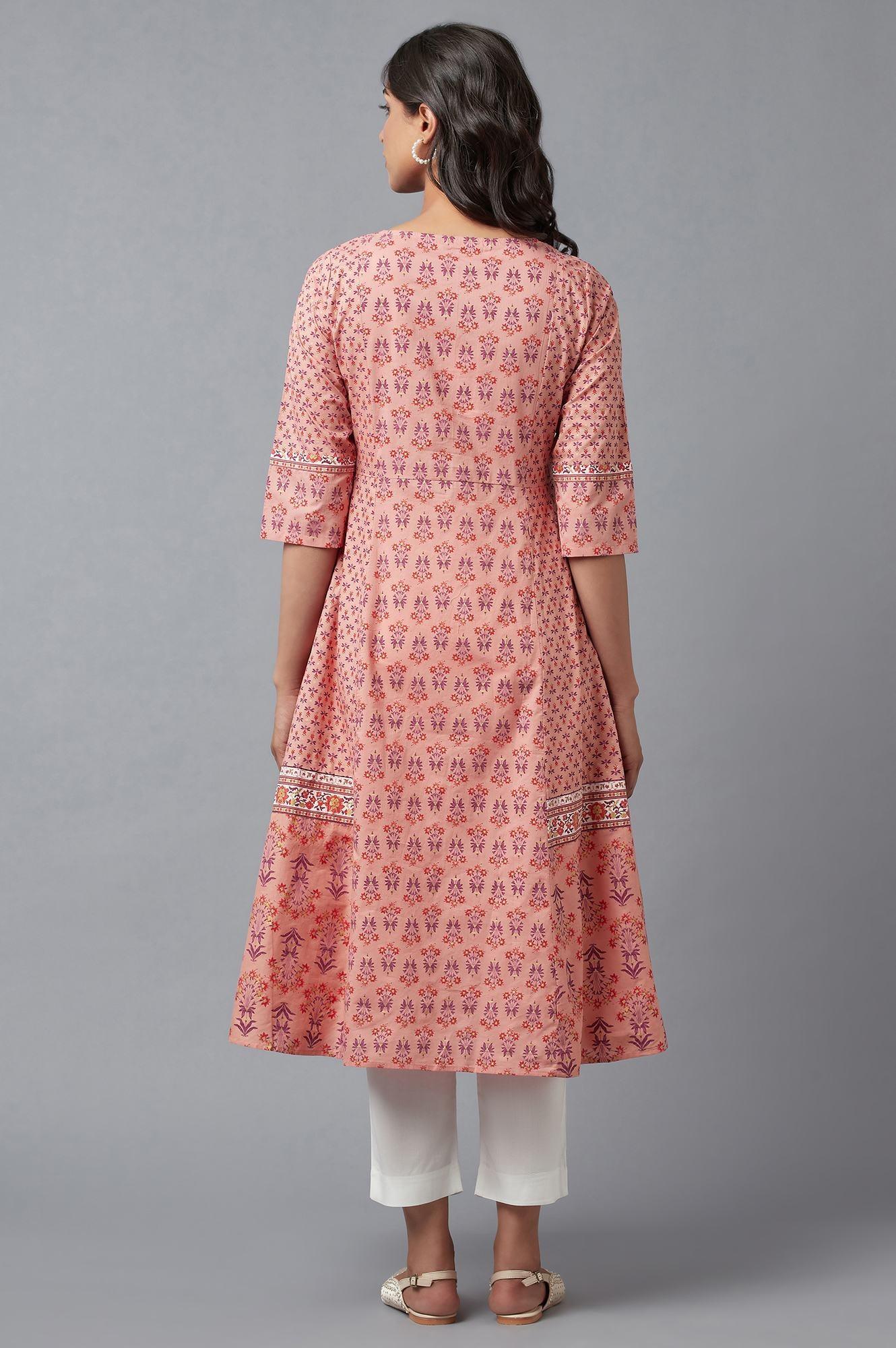 Pink Printed A-Line kurta With Thread Embroidery - wforwoman