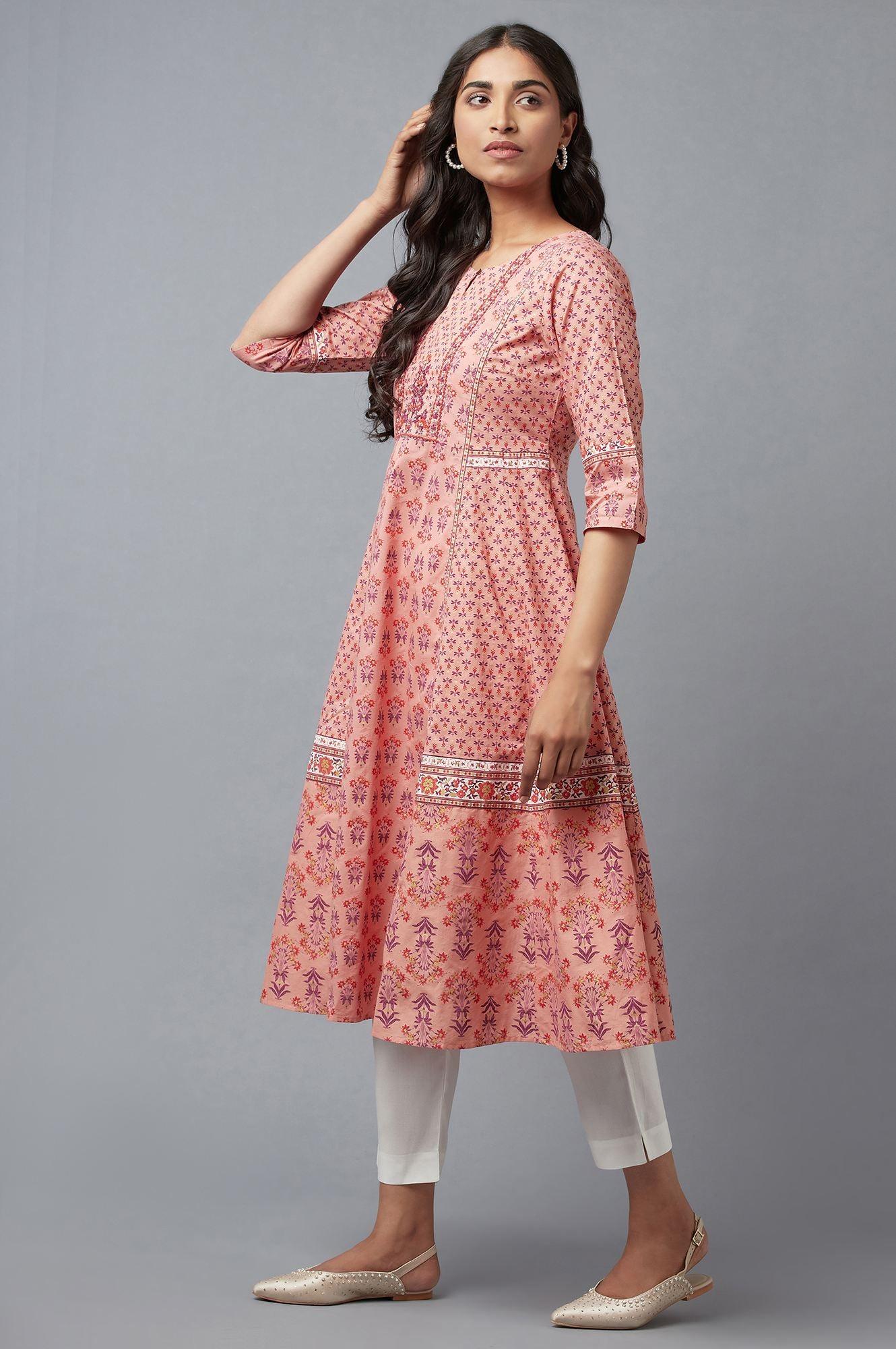 Pink Printed A-Line kurta With Thread Embroidery - wforwoman